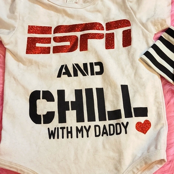 Previously CUSTOM made ESPN AND CHILL WITH MY DADDY, ONESIE, HEADBAND, 12 MONTHS - Picture 2 of 4